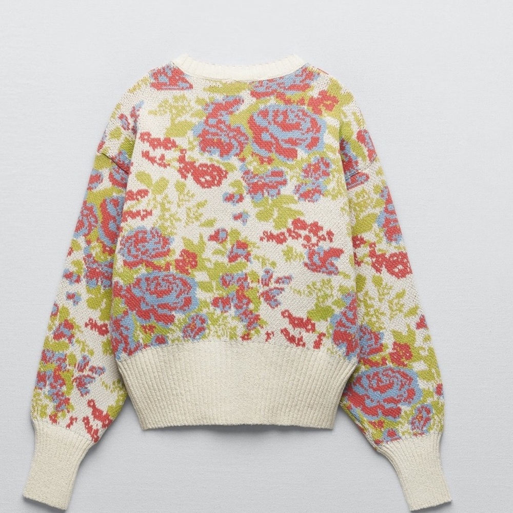 🩵 Zara PEARL BUTTON FLORAL KNIT JACQUARD Cardigan Multi Color Long Sleeve - Picture 5 of 8